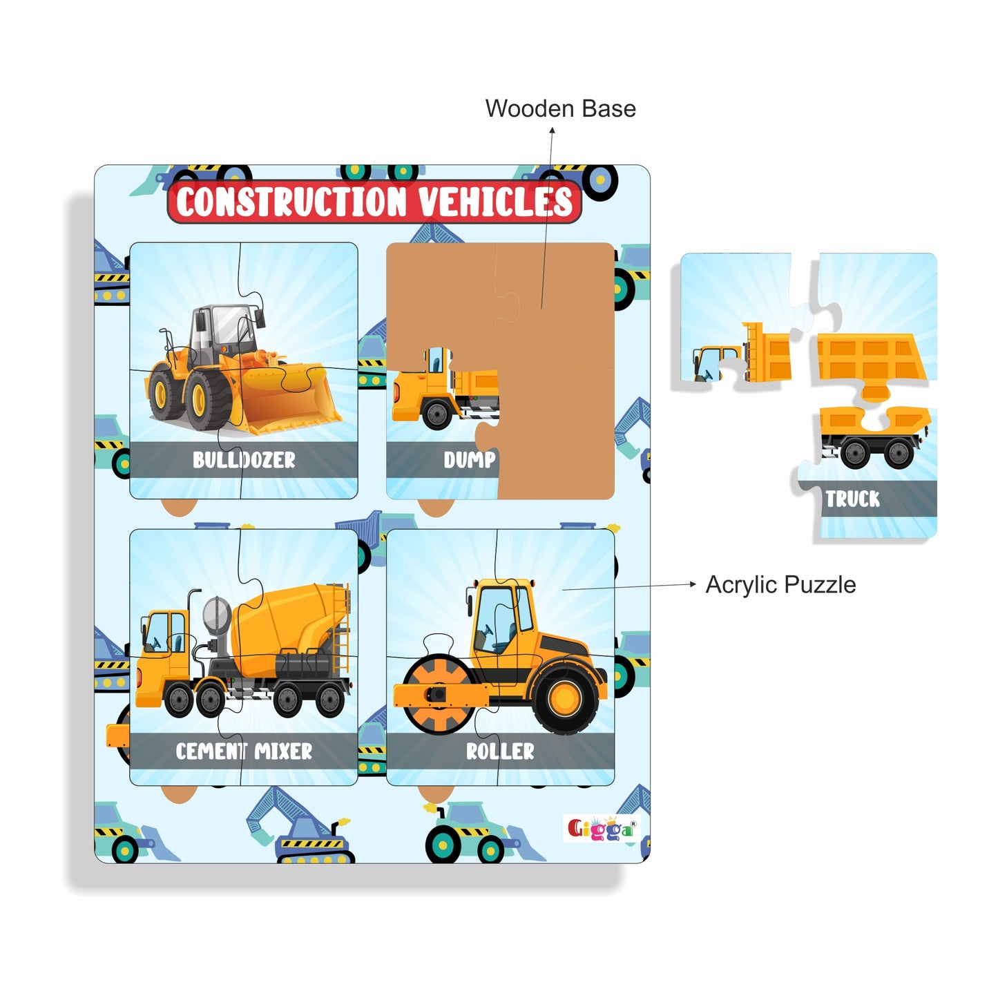 Construction Vehicles - 4 in 1 Acrylic Puzzle